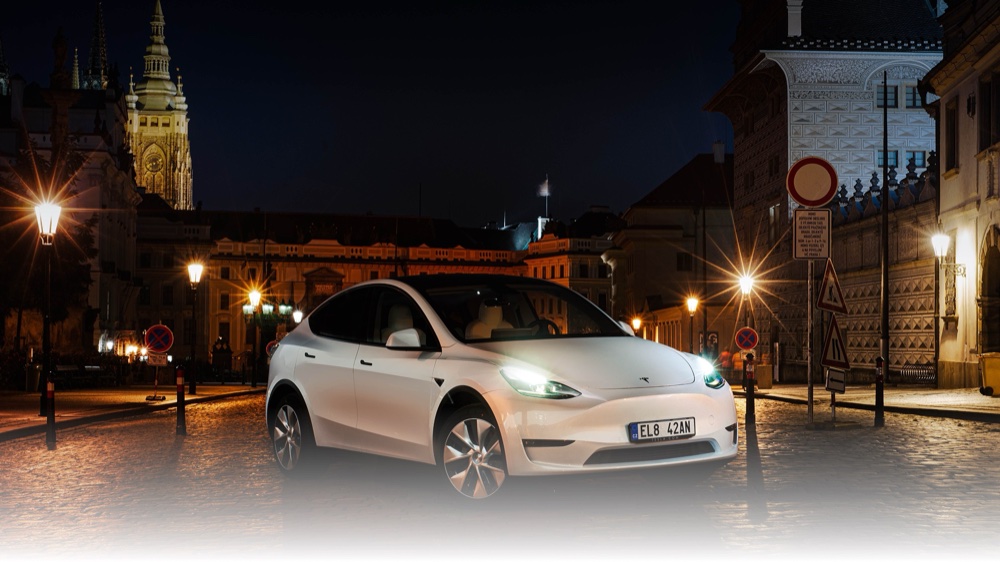 Tesla Model Y Long Range 2024 at night in Prague