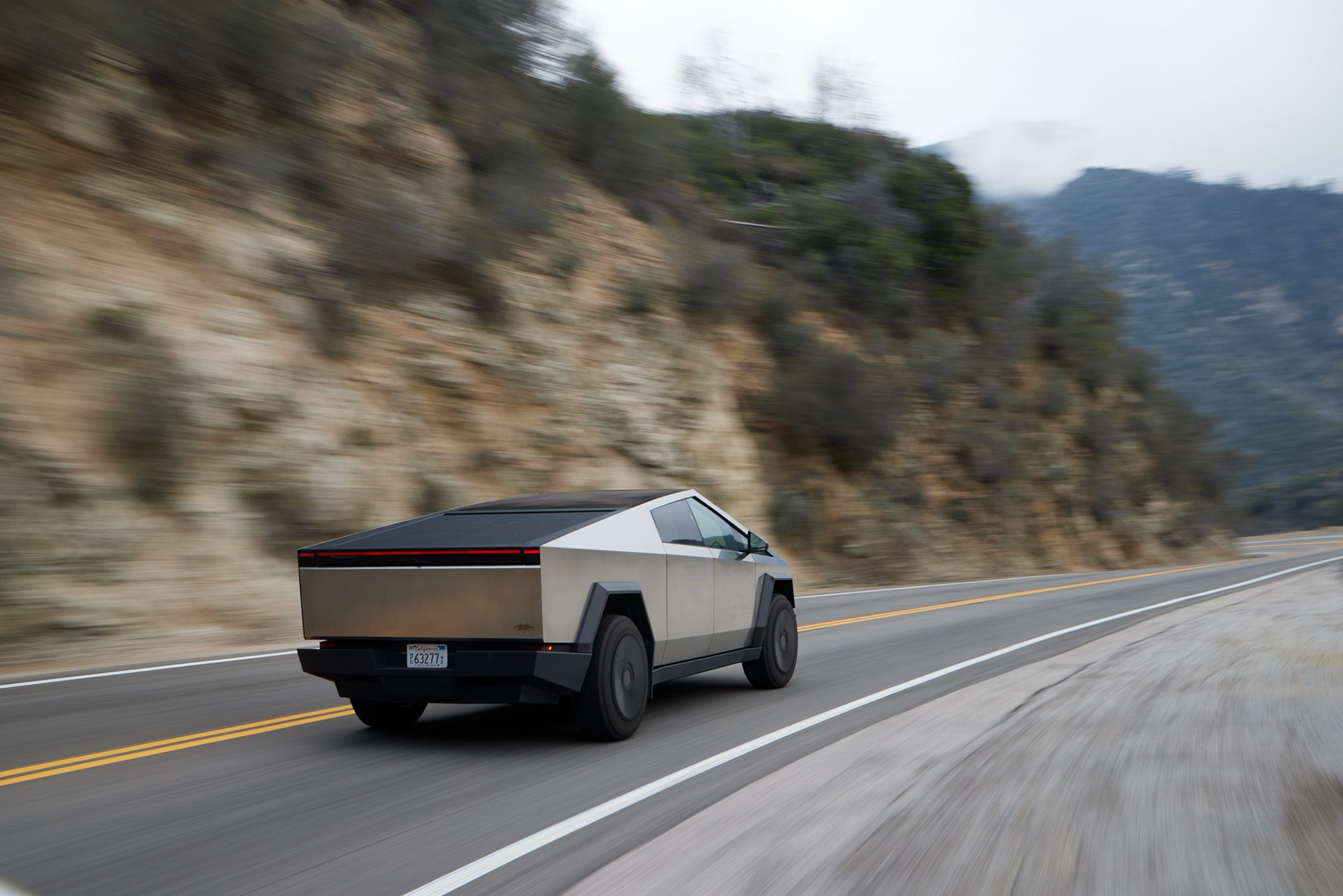 Tesla Cybertruck on a mountain road